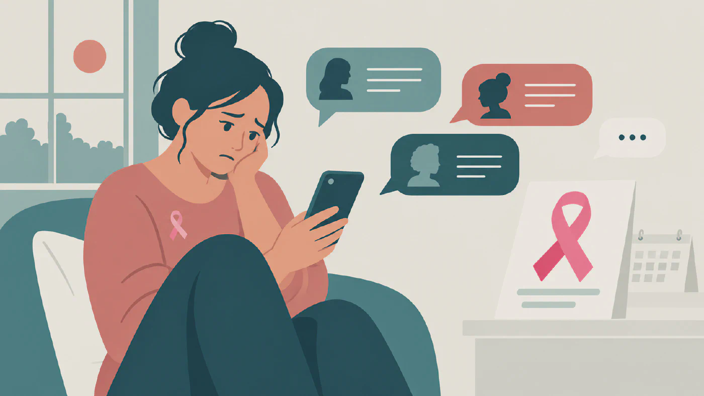 Illustration of a person looking for breast health information and peer support on a phone.