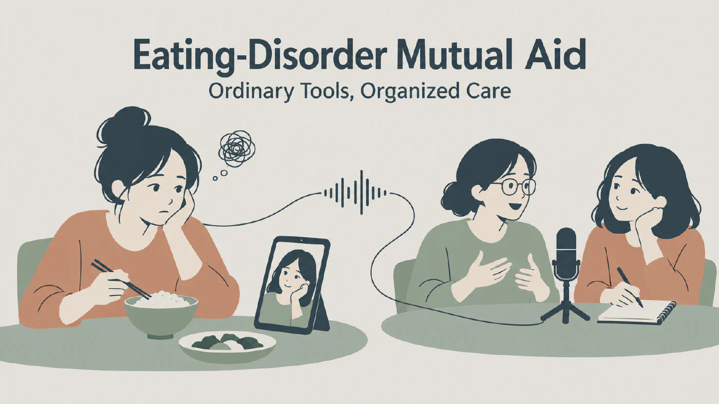 Illustration of eating-disorder mutual aid through personal reflection and shared podcast conversations.