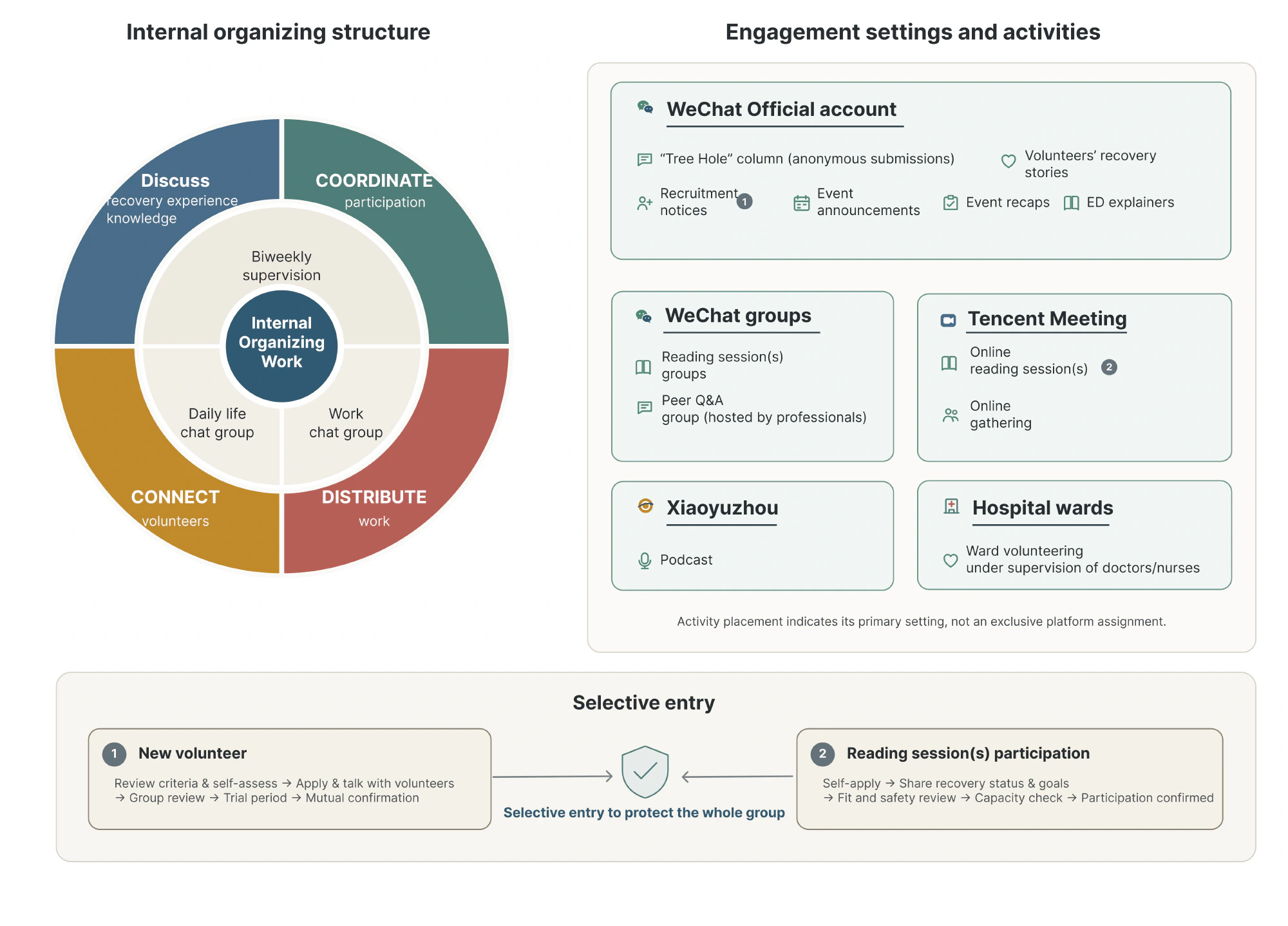 Map of internal organizing work, digital platforms, engagement activities, and participation arrangements in an eating-disorder mutual-aid organization.