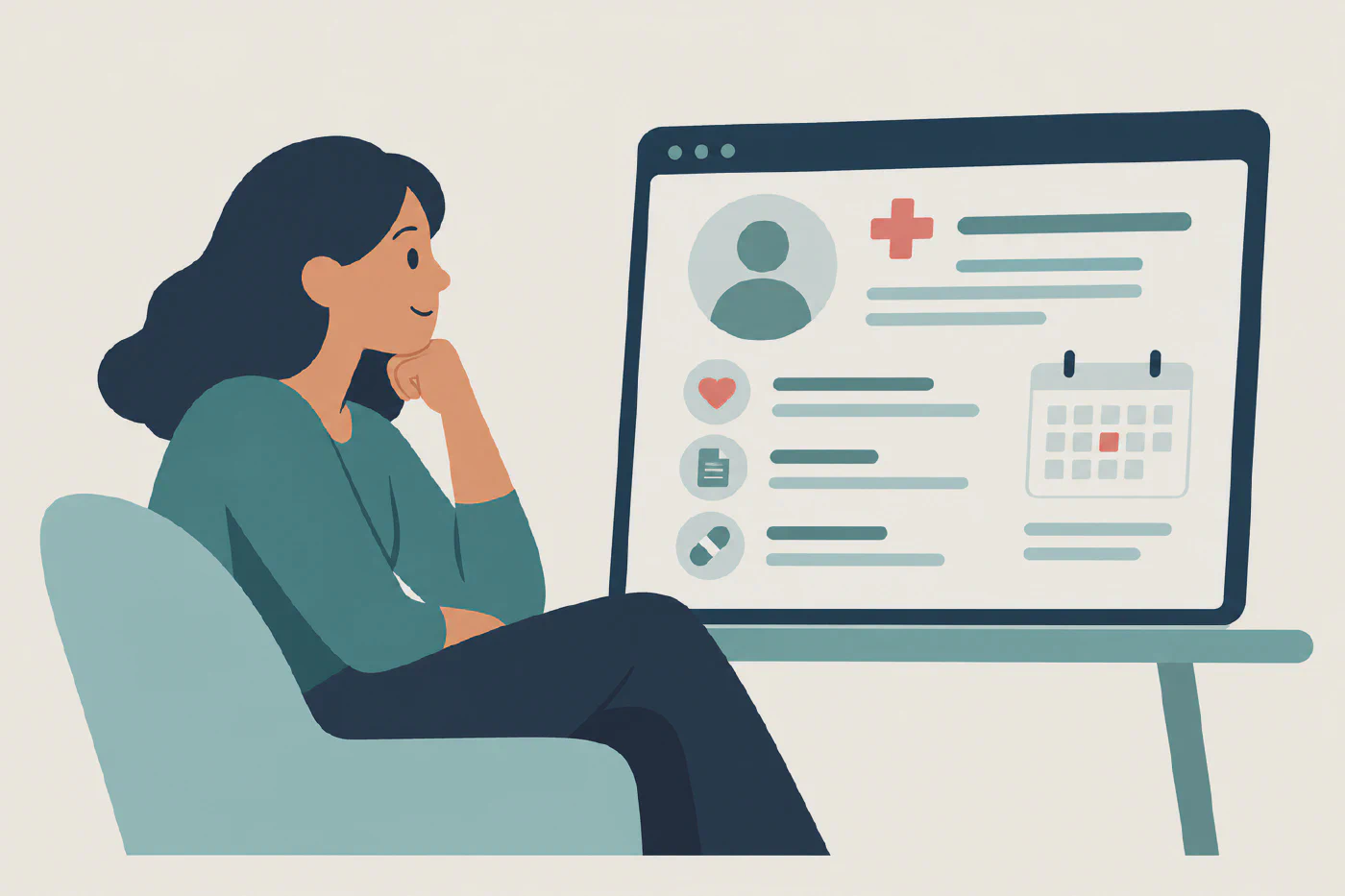 Illustration of a person viewing electronic health records on a patient portal.