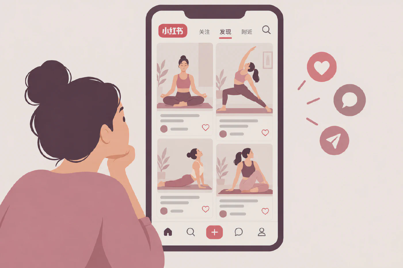 Illustration in muted pinks of a person viewing yoga images in a Xiaohongshu-style feed.